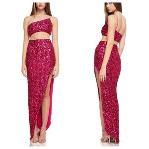 New! SET Nookie Smoke Show Crop and Maxi Skirt pink sequin 3785